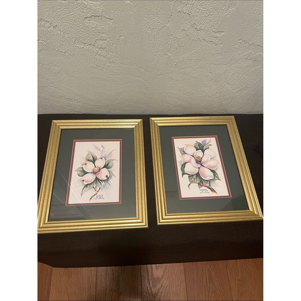 #2324*”10x12”Framed Floral Wall Art Pair - Pink Magnolia Prints with Gold Frames